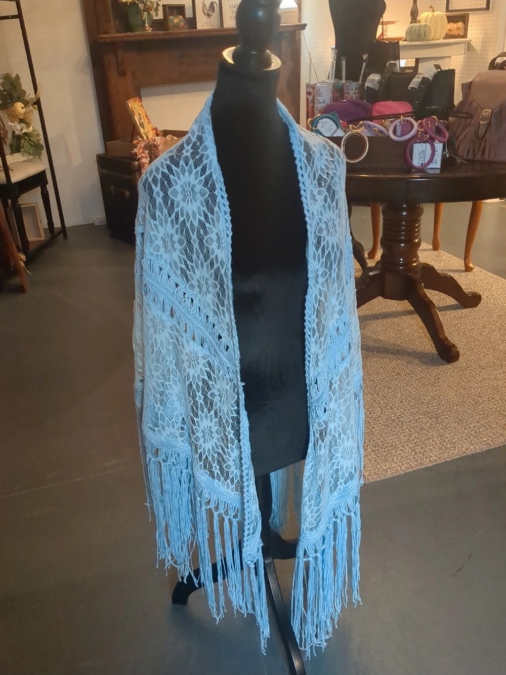 Light Blue Crochet Fringe Wrap